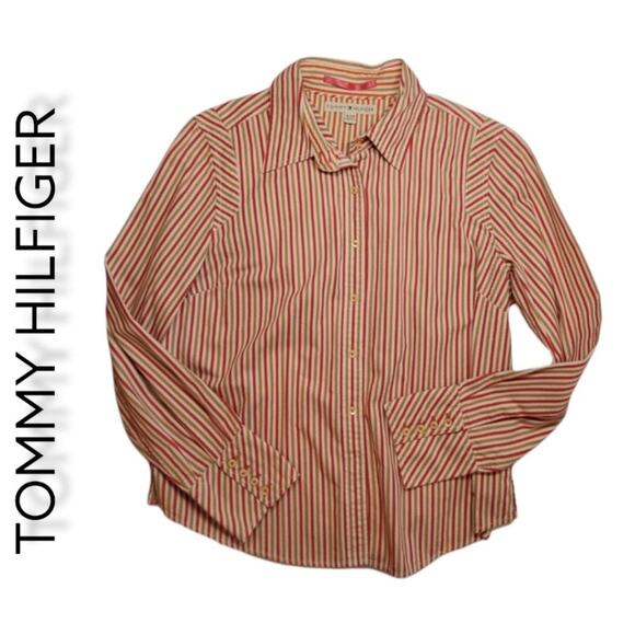 Tommy Hilfiger Women's Long Sleeve Blouse Size XL Melon, tan & white - Picture 1 of 10